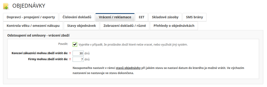 Nastavení počtu dní pro vracení