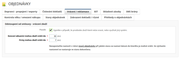 Nastavení počtu dní pro vracení